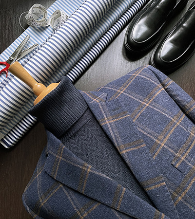 Blazer in Lana Shetland a Quadri Blu Navy e Ruggine