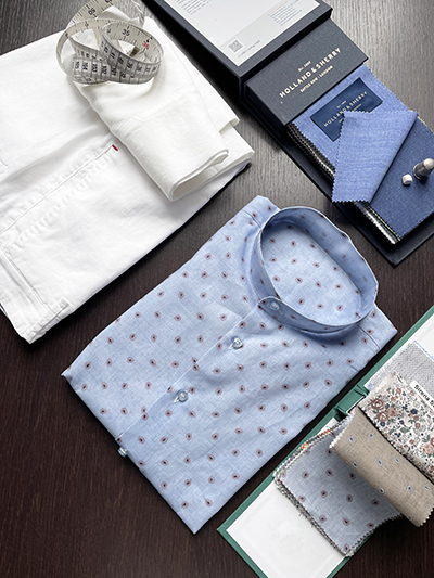 Camicia su misura Lino e Cotone stampa Cashmere Celeste