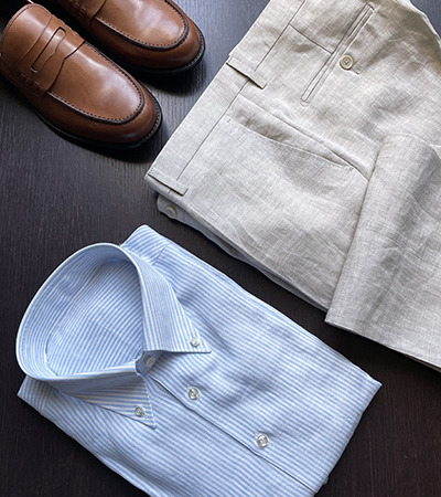 Camicia su misura Puro Lino a Righe Celeste