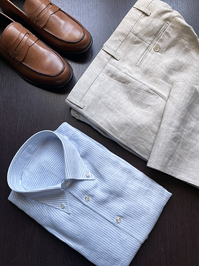 Camicia su misura Puro Lino a Righe Celeste